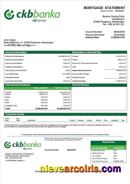 Montenegro Crnogorska komercijalna banka mortgage statement Word and PDF template